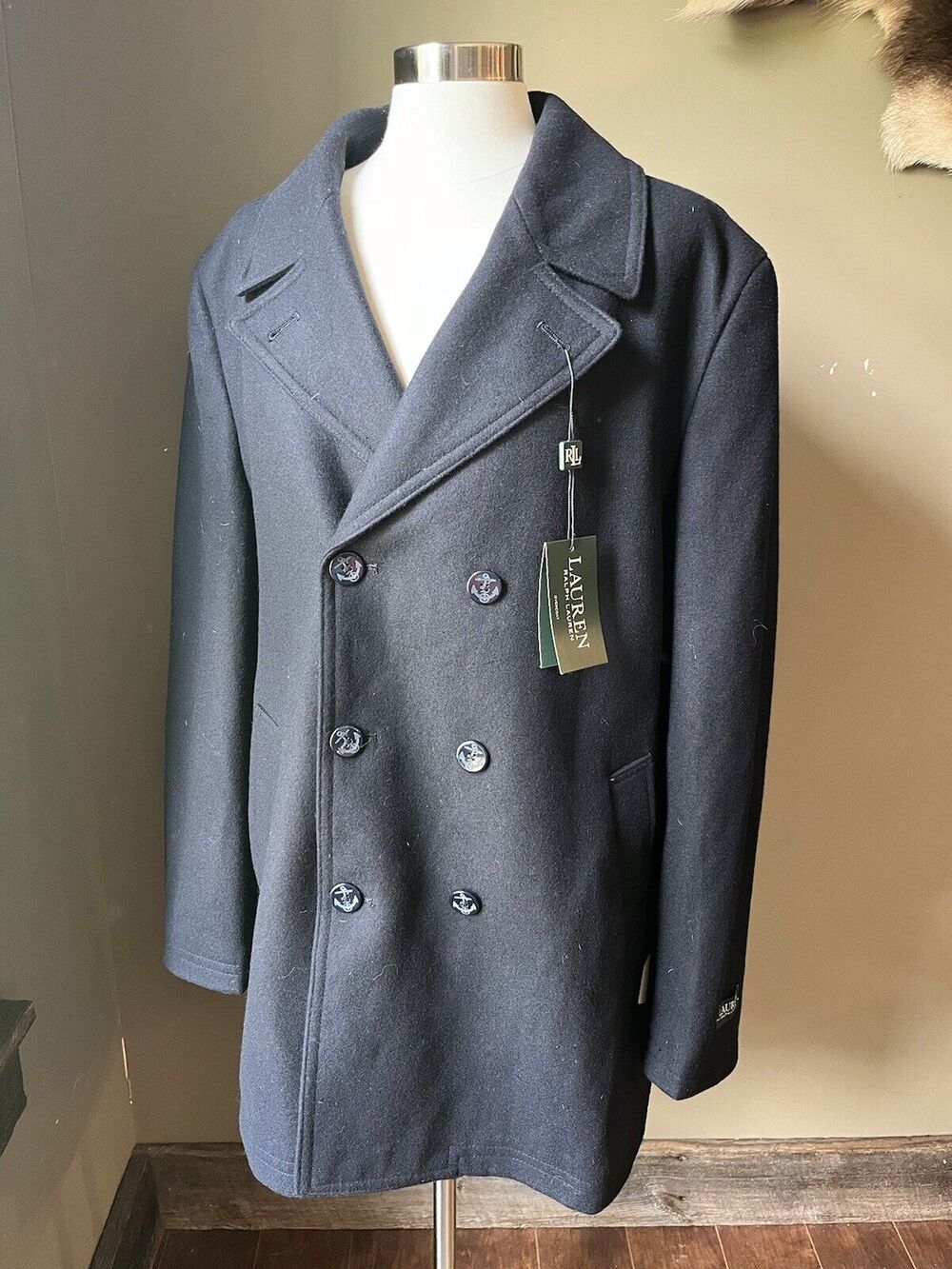 Lauren Ralph Lauren Double Breasted Anchor Button Wool Blend Overcoat NWT XL Blu